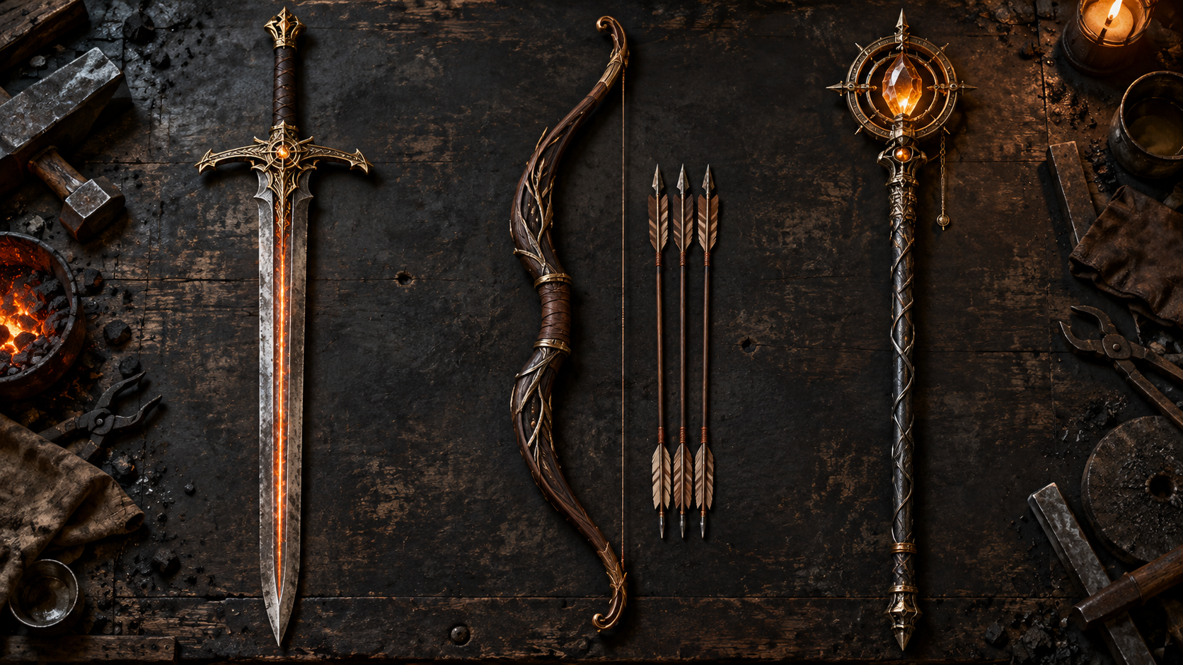 Embersteel greatsword, Thornwood bow, and Solstice staff