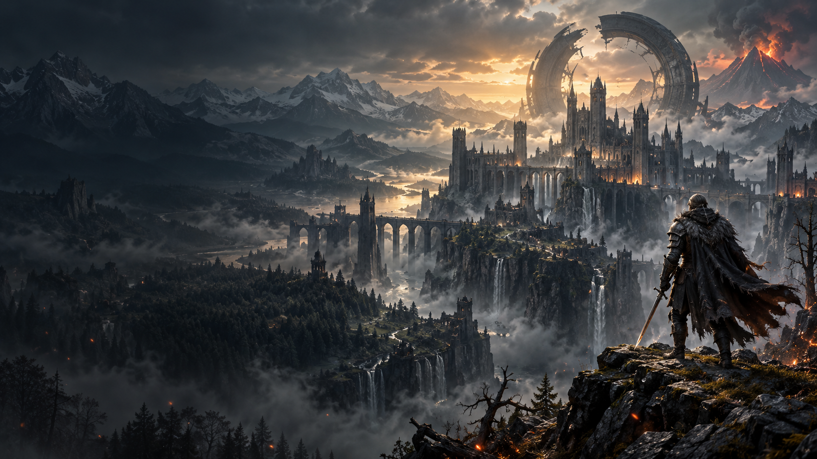 Ancient fortress above a mist-filled valley