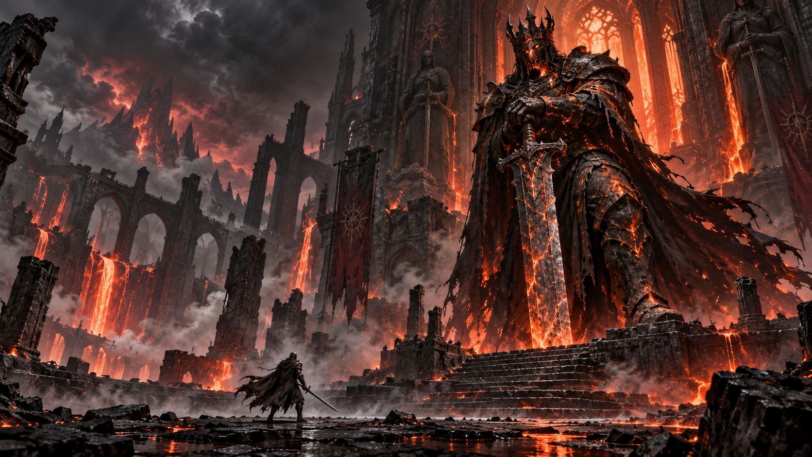 The Cinder King, a giant armored monarch in a burning cathedral