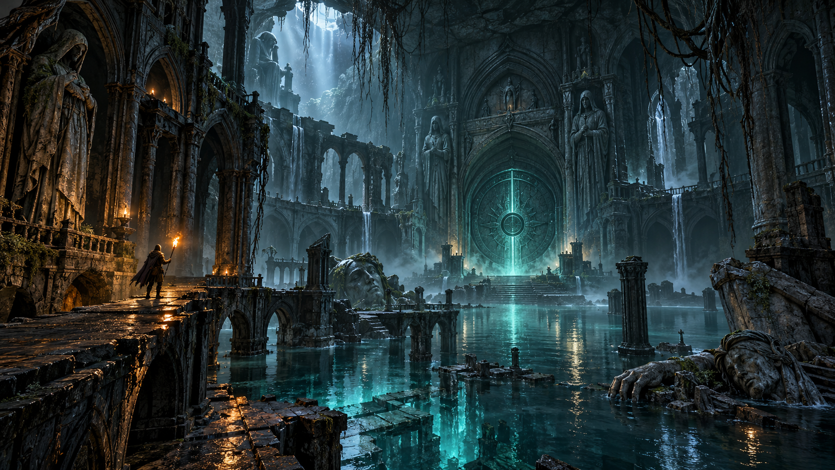 Flooded halls and a sealed circular door beneath the earth